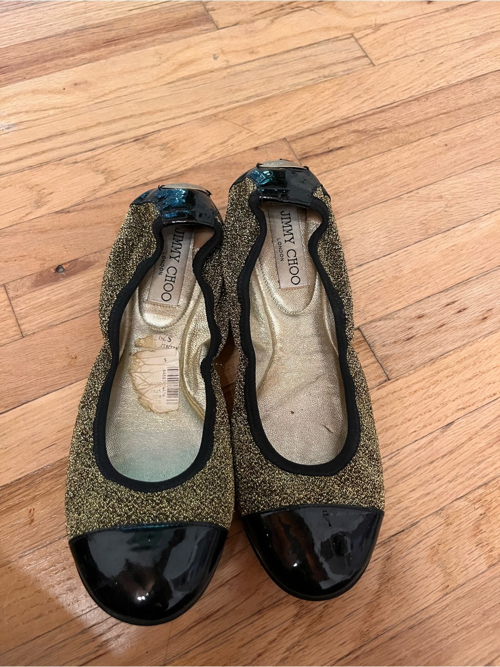 Jimmy Choo Gold Glitter Flats with Black Patent Cap Toe